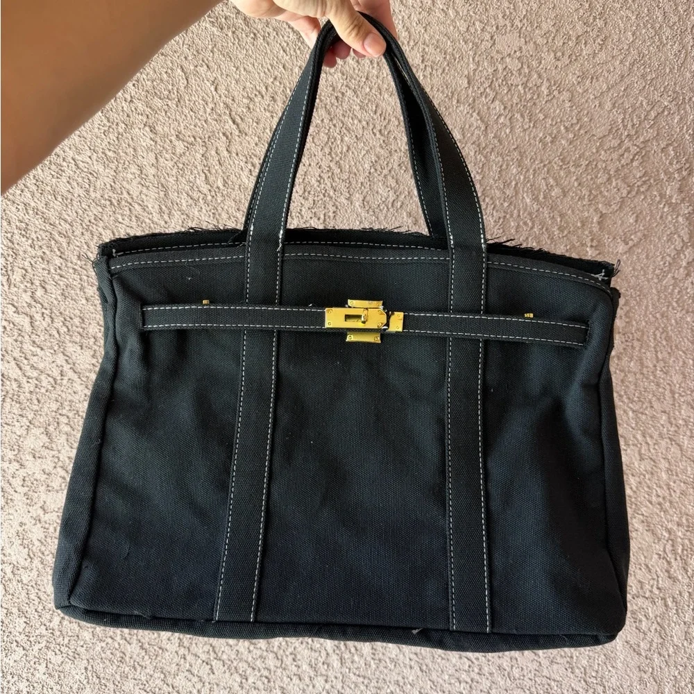 Vintage Stylish and Spacious Boatkin Bag in Black with Gold Buckle